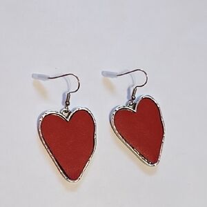 NWT Red Faux Leather & Silver Heart Earrings